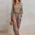 Women's Casual Chic Elegant Deep V-Neck Wide-Leg Pants Set
