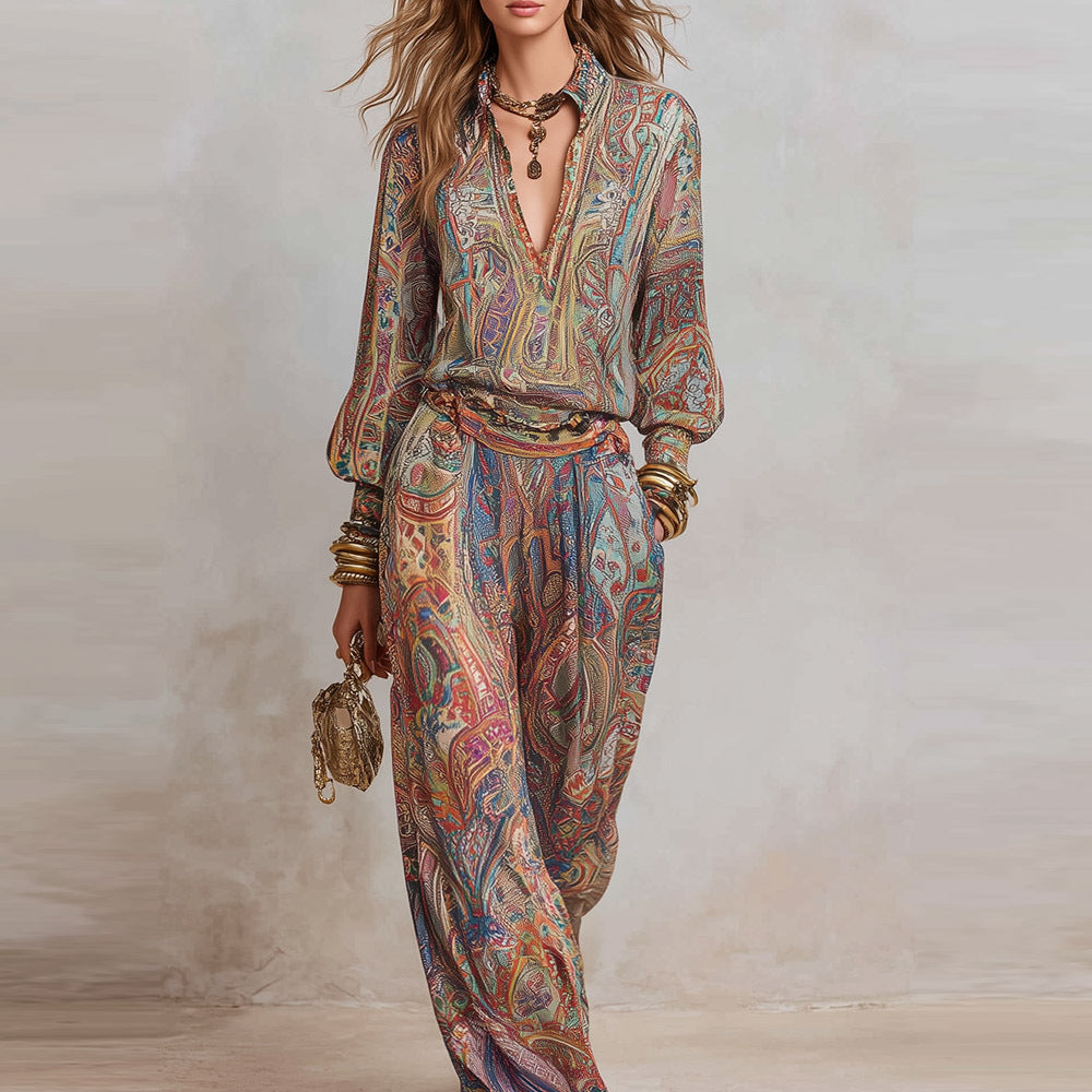 Women's Casual Chic Elegant Deep V-Neck Wide-Leg Pants Set