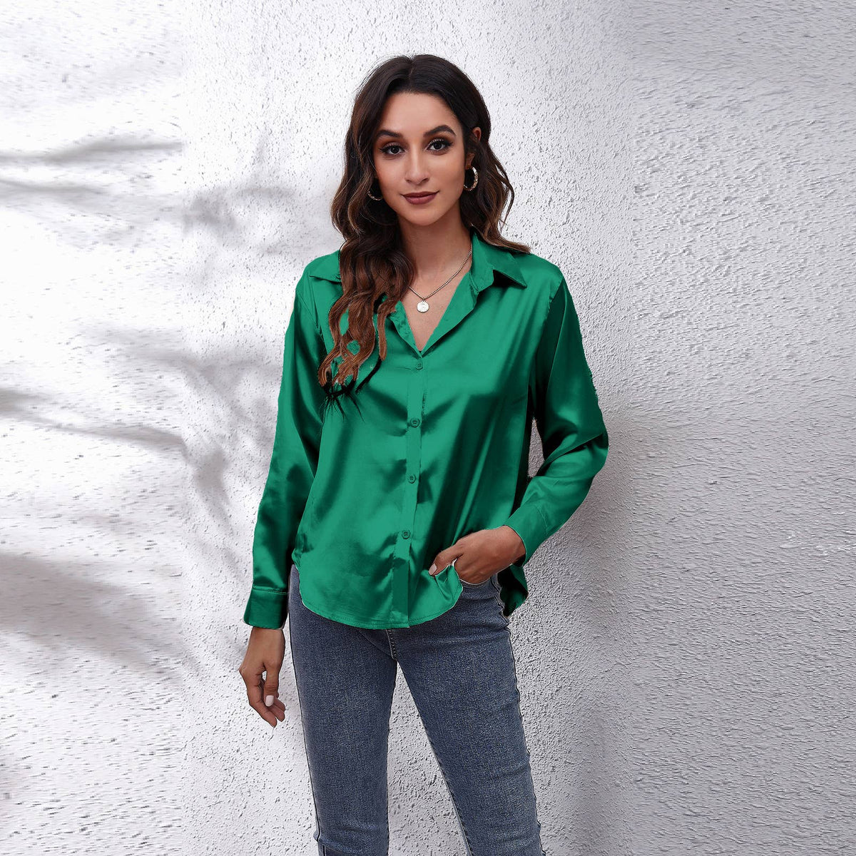 Satin silk long-sleeved shirt: DARKKHAKI / (XXL) 1