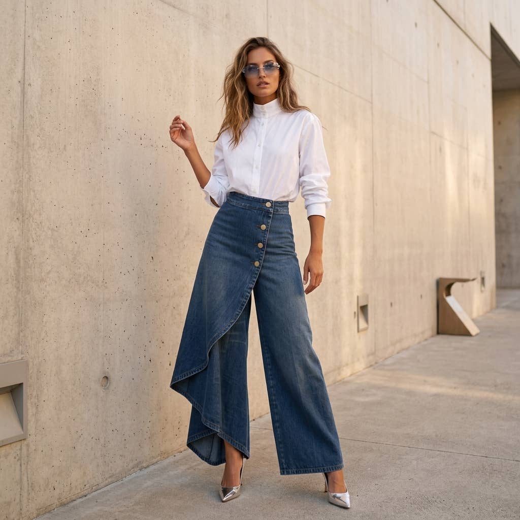 High Rise Denim Skirt - Asymmetrical Button Front