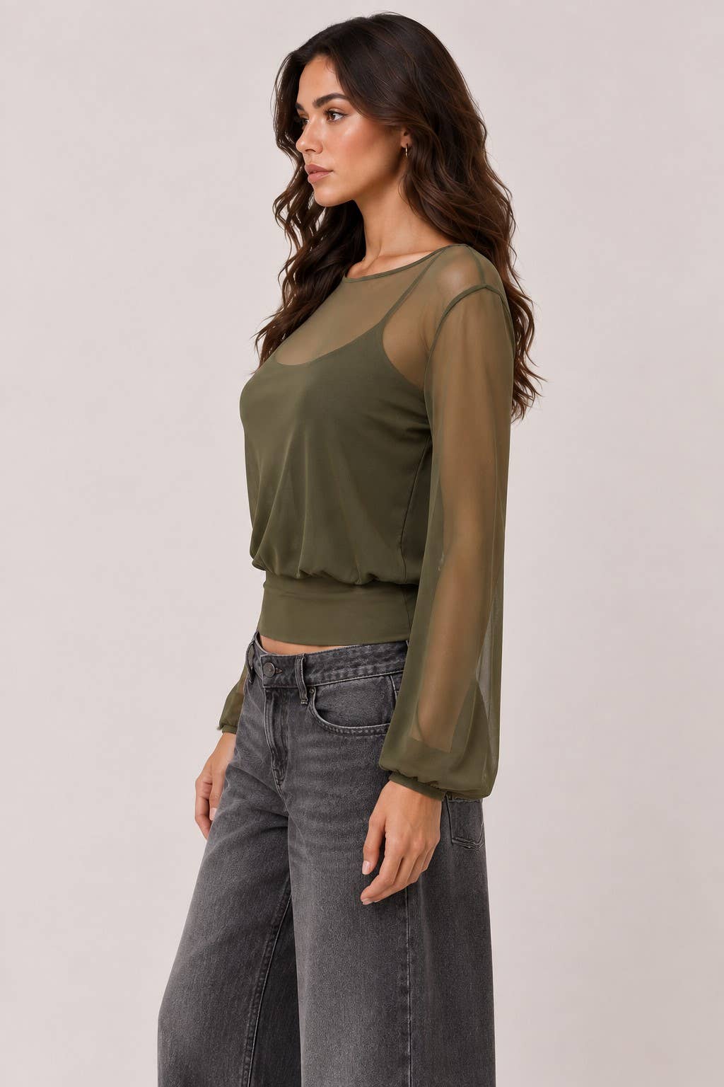 LT58070L - SHEERK Y2K BELL SLEEVE TOP WIITH CAMI TANK: DARK MERLOT / S-M-L/2-2-2
