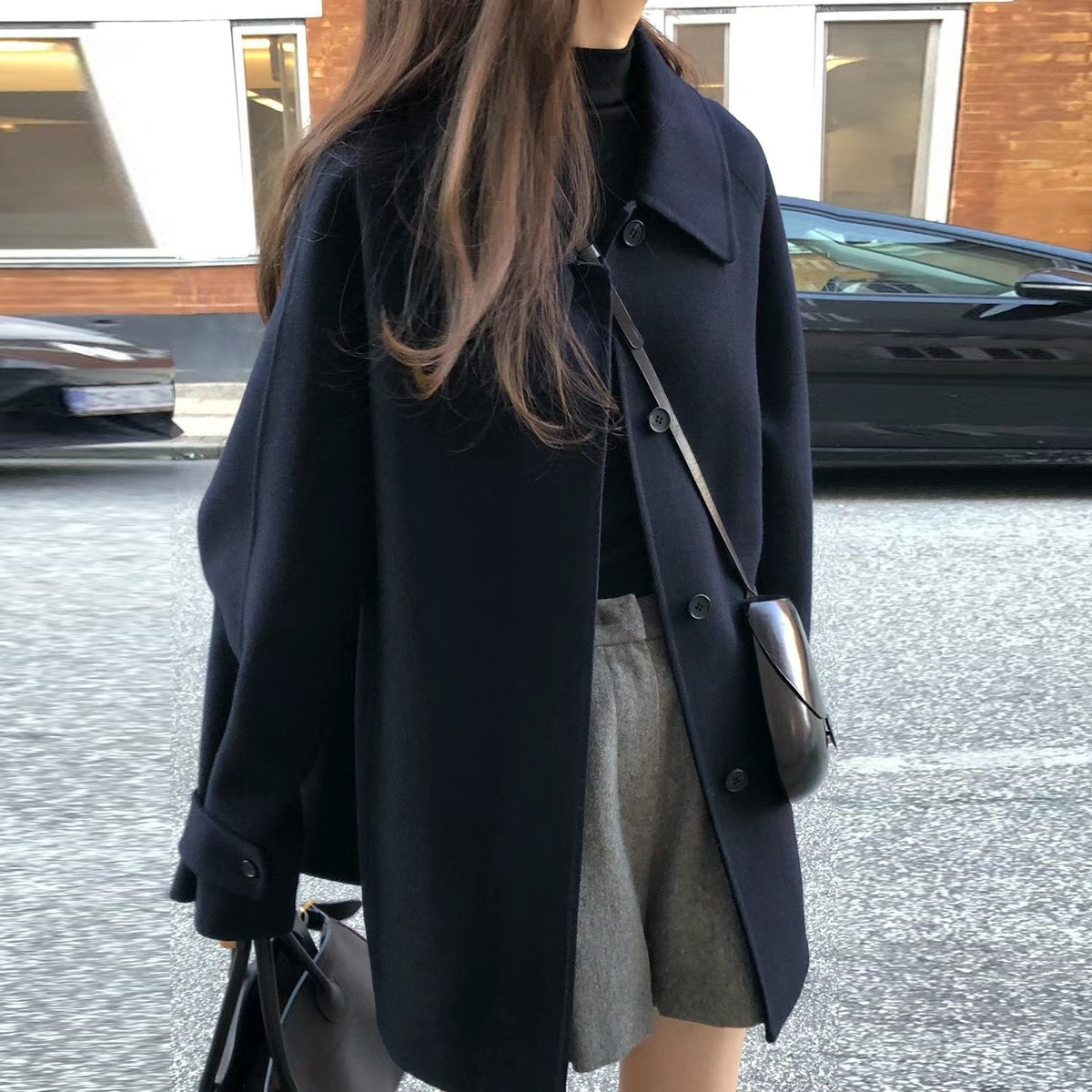 Lapel Single Breasted Mid-length Woolen Coat