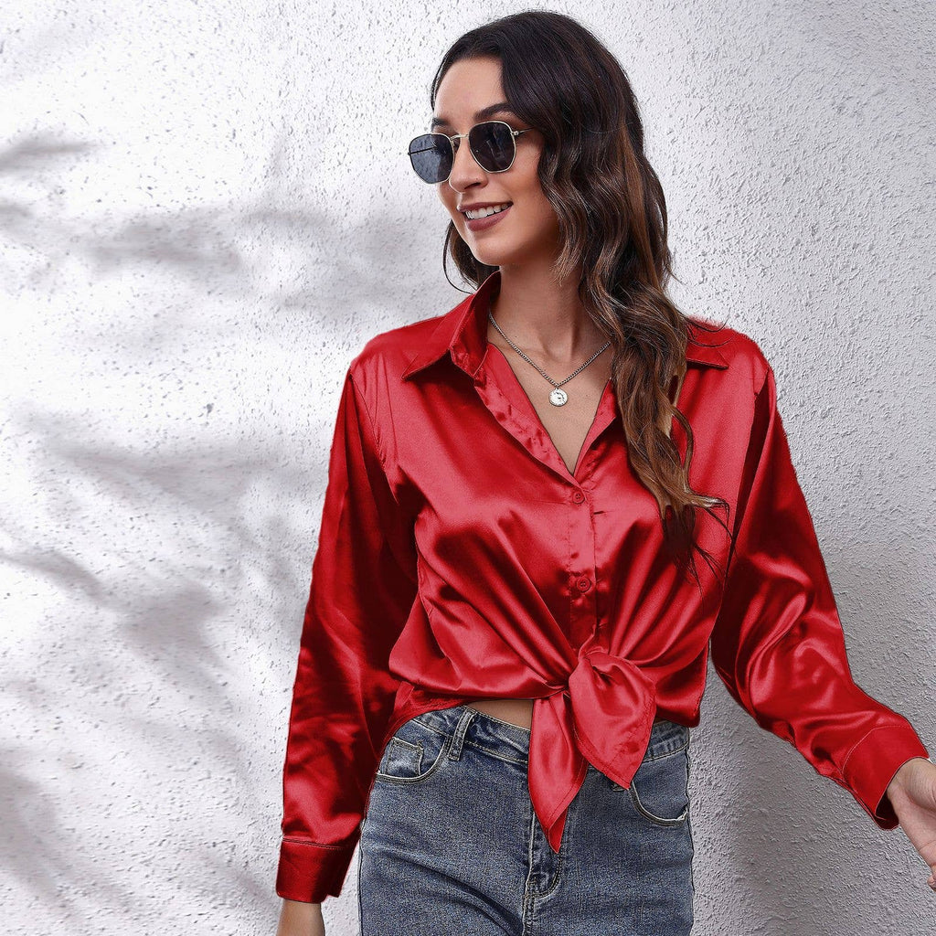 Satin silk long-sleeved shirt: DARKKHAKI / (L) 1