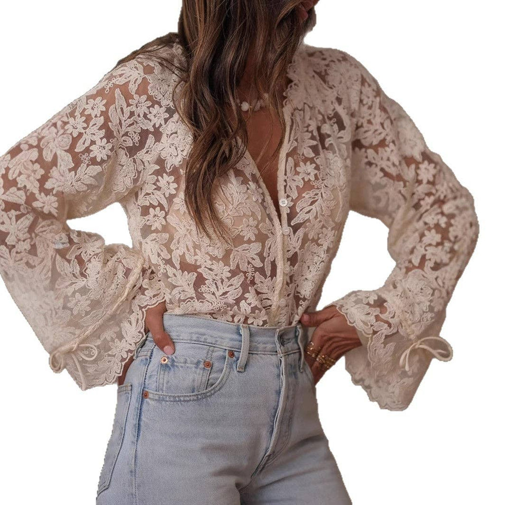 Women's Off White Round Neck Sheer Lace Blouse