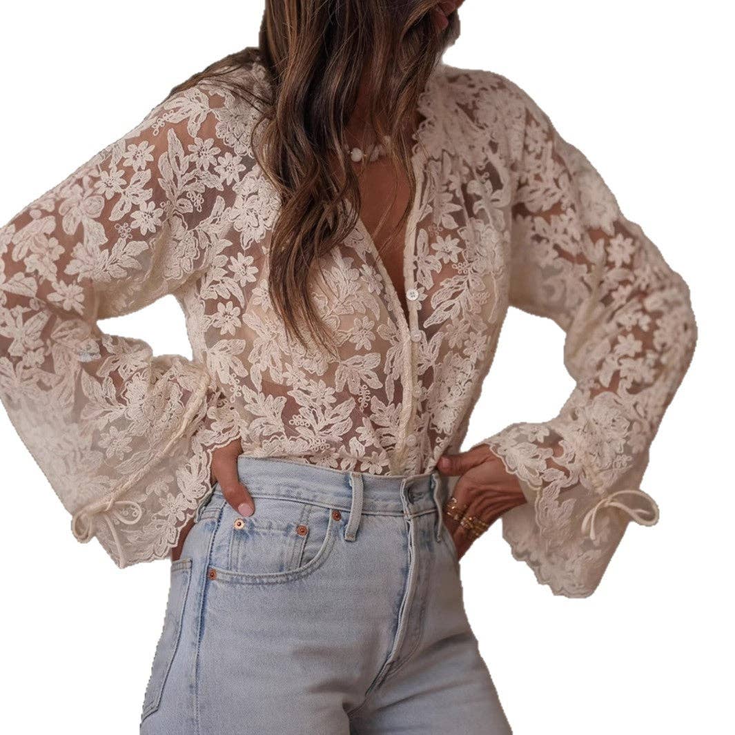 Women's Off White Round Neck Sheer Lace Blouse