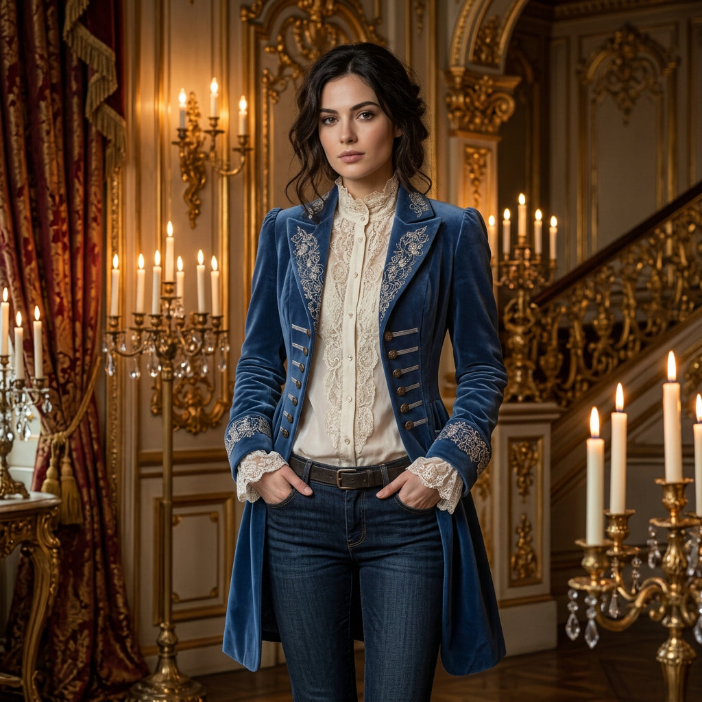 Women's Embroidered Velvet Blazer Vintage Jacket: Blue / XL