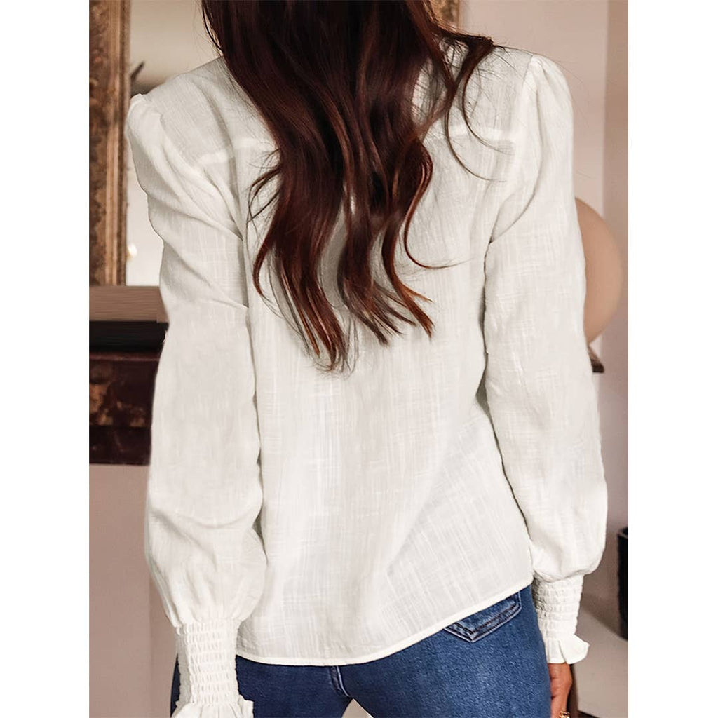Elegant Embroidered Long-Sleeve V-Neck Floral Shirt ZK3387