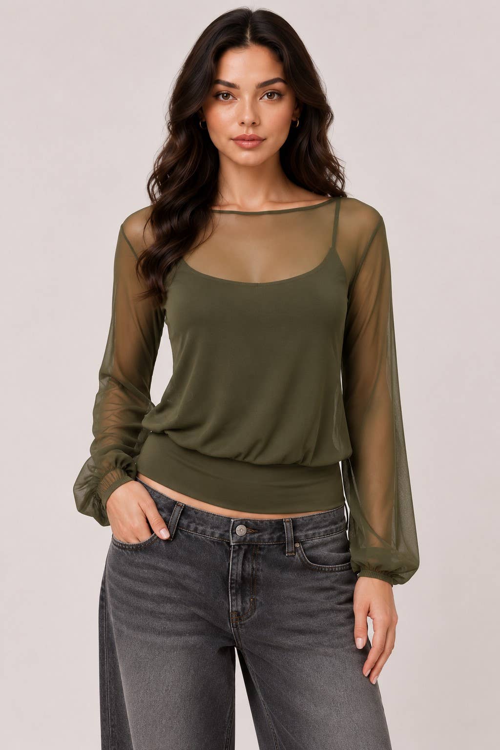 LT58070L - SHEERK Y2K BELL SLEEVE TOP WIITH CAMI TANK: DARK MERLOT / S-M-L/2-2-2