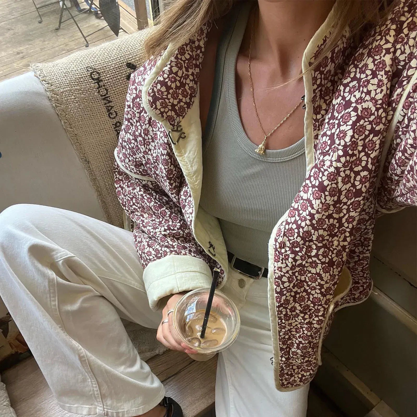 Color: army green, Size: M - Combhasaki Women's Autumn Vintage Y2K Floral Print Quilted Cardigan Parka Coat Long Sleeve Stand Collar Loose Jacket with Pocket