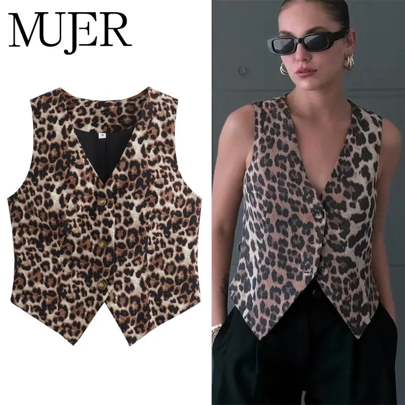Color: black, Size: M - MUJER Leopard Print Vests for Women Waistcoat Cropped Sleeveless Vest Woman Fashion Short Jacket Women Streetwear Women's Coats