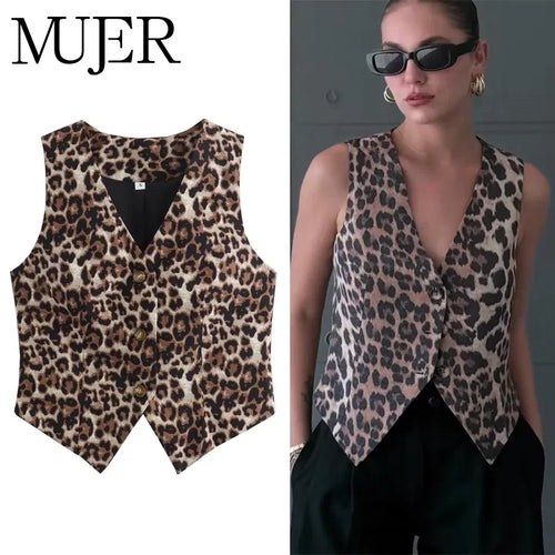 Color: black, Size: M - MUJER Leopard Print Vests for Women Waistcoat Cropped Sleeveless Vest Woman Fashion Short Jacket Women Streetwear Women's Coats