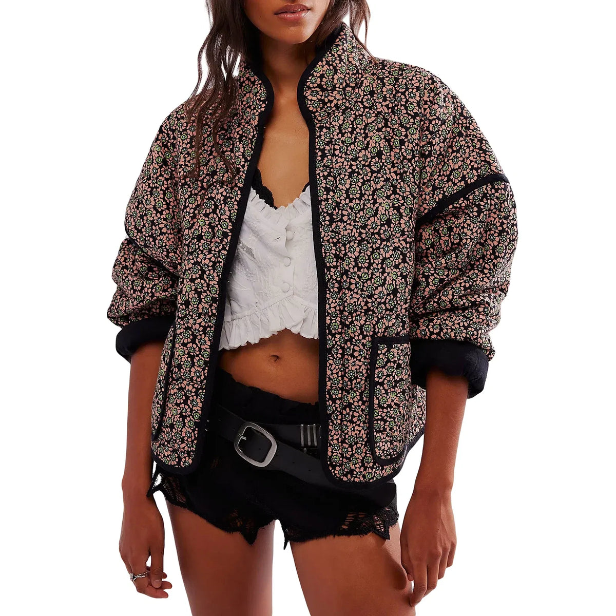 Color: army green, Size: M - Combhasaki Women's Autumn Vintage Y2K Floral Print Quilted Cardigan Parka Coat Long Sleeve Stand Collar Loose Jacket with Pocket