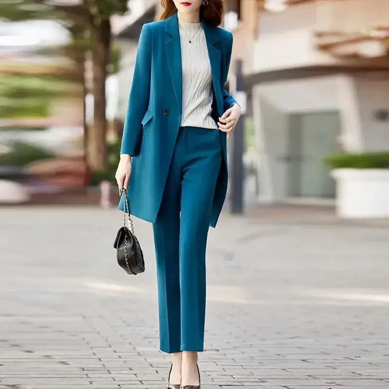 Color: Khaki, Size: XXXL, Ships From: CHINA - High End Office Professional Women's Blazer Pants 2-Piece Set Fall Fashion Long Female Jacket Over Business Suit Casual Trousers