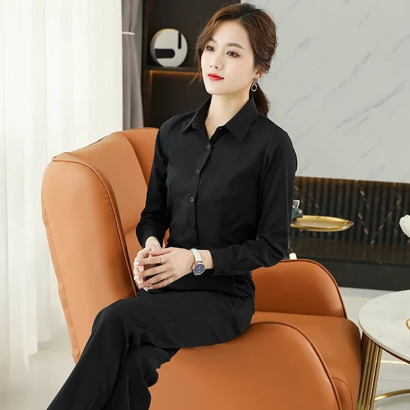 Color: WHITE, Size: M - Formal Dress Women Shirt Long Sleeve Blouse New Black Shirt Women Tops 2024 Fashion Women Clothing Basic White Shirts OL Blouses