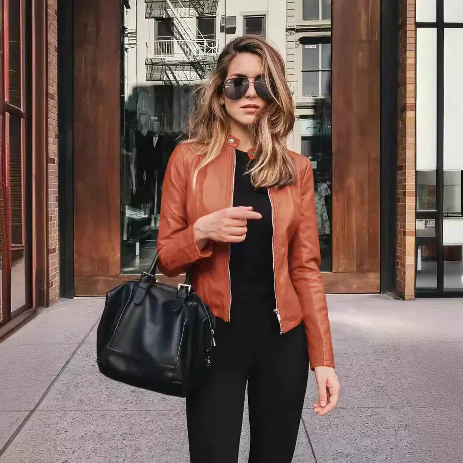 Color: Brown, Size: S - Womens Spring Full Long Sleeve Jacket Coat Autumn Leather Blazer Winter Zipper Outwear Suit Cardigan Female  Jackets