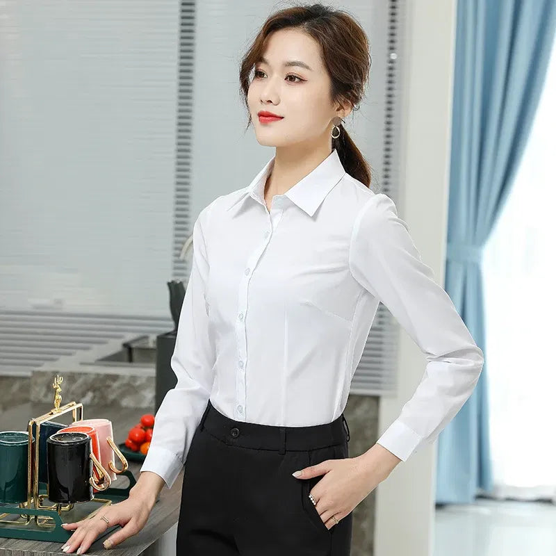 Color: WHITE, Size: M - Formal Dress Women Shirt Long Sleeve Blouse New Black Shirt Women Tops 2024 Fashion Women Clothing Basic White Shirts OL Blouses