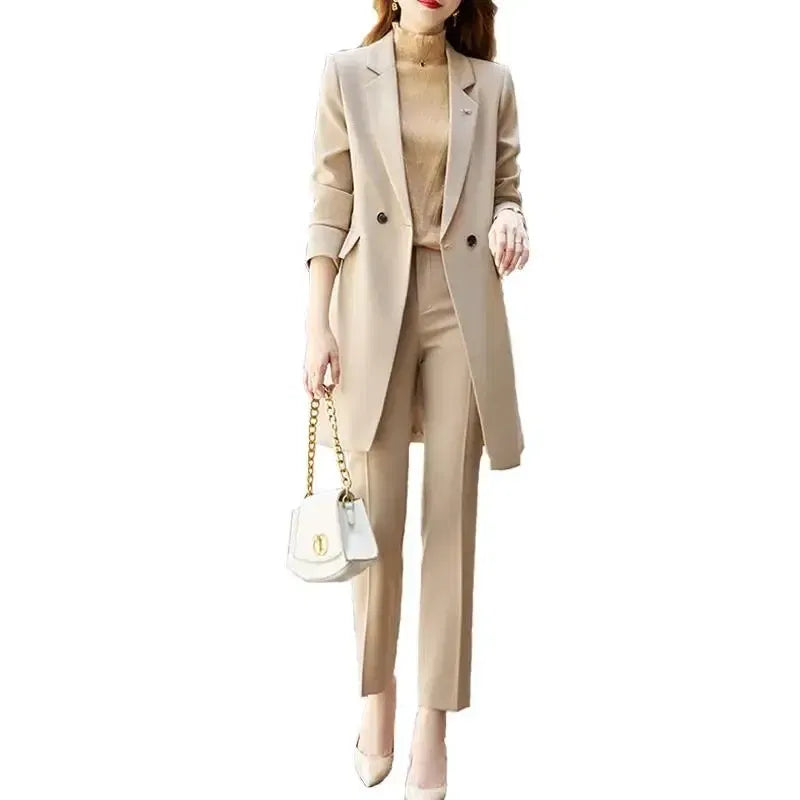 Color: Khaki, Size: XXXL, Ships From: CHINA - High End Office Professional Women's Blazer Pants 2-Piece Set Fall Fashion Long Female Jacket Over Business Suit Casual Trousers
