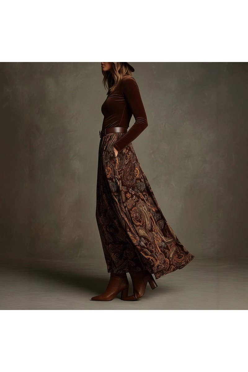 Vintage Print Long Skirt Set With Belt_LC26080145: Caramel / (S) 1