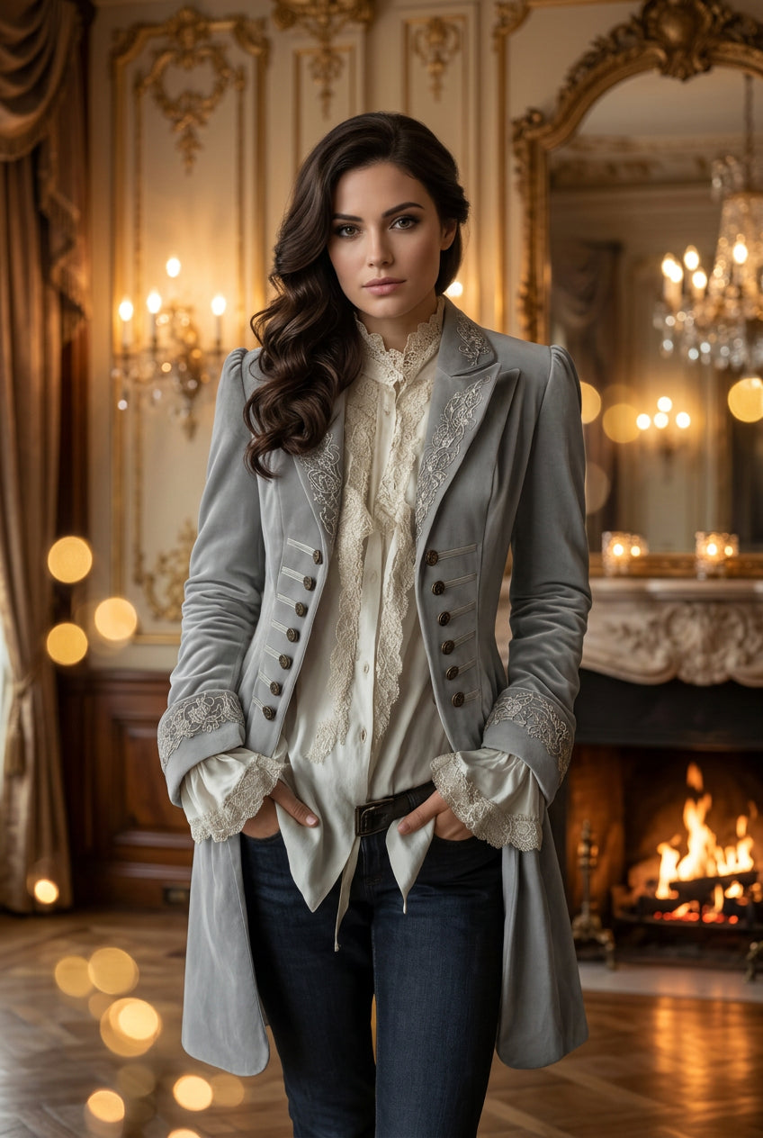 Women's Embroidered Velvet Blazer Vintage Jacket: Blue / XL