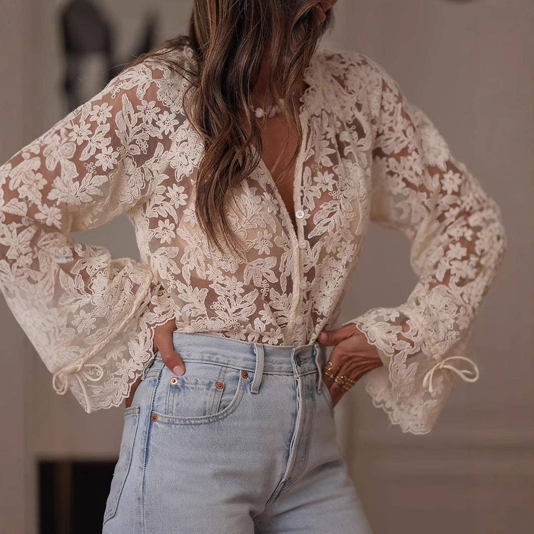 Women's Off White Round Neck Sheer Lace Blouse