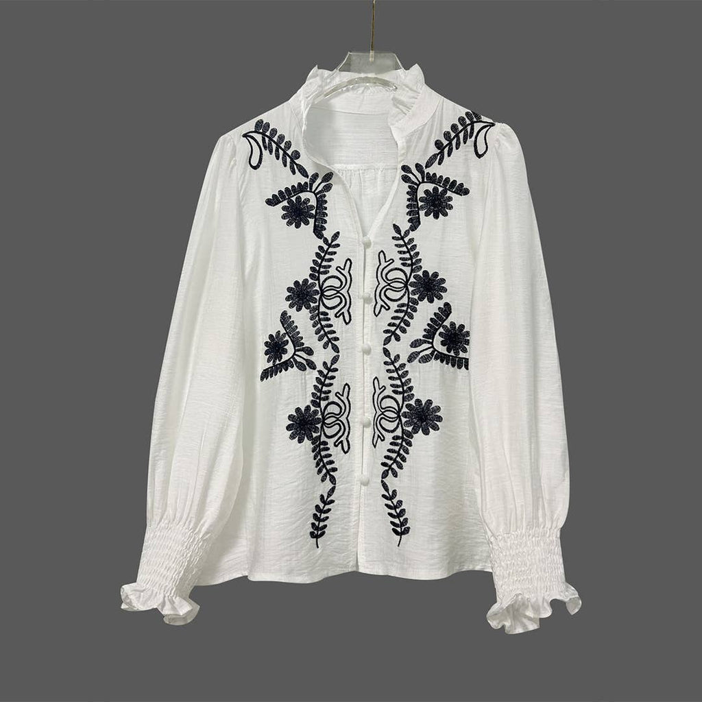Elegant Embroidered Long-Sleeve V-Neck Floral Shirt ZK3387