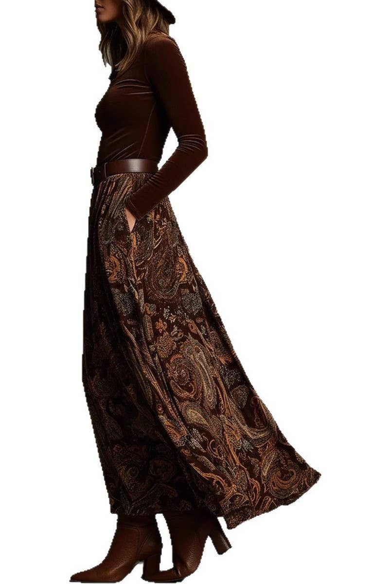 Vintage Print Long Skirt Set With Belt_LC26080145: Caramel / (S) 1