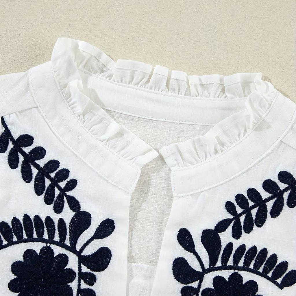 Elegant Embroidered Long-Sleeve V-Neck Floral Shirt ZK3387