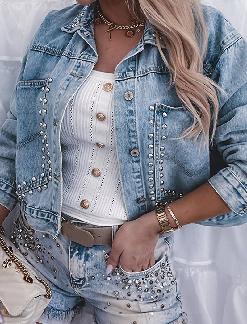 Studded Cropped Denim Jacket: BLUE / S