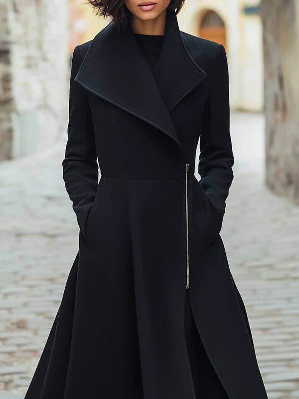 A-Line Long Sleeves Buttoned Pockets Solid Color Zipper Lapel Woolen Coat: BLACK / XL