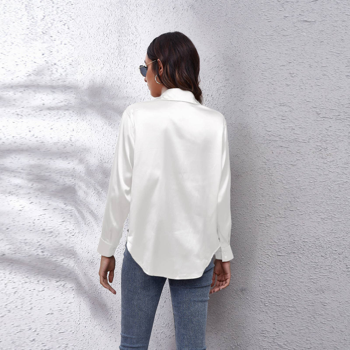 Satin silk long-sleeved shirt: DARKKHAKI / (XXL) 1
