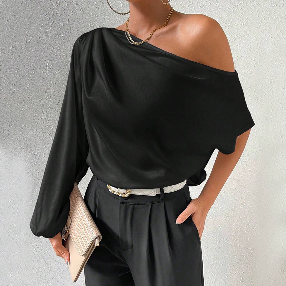 Slanted neck loose-fitting off-the-shoulder top: BLACK / (M) 1