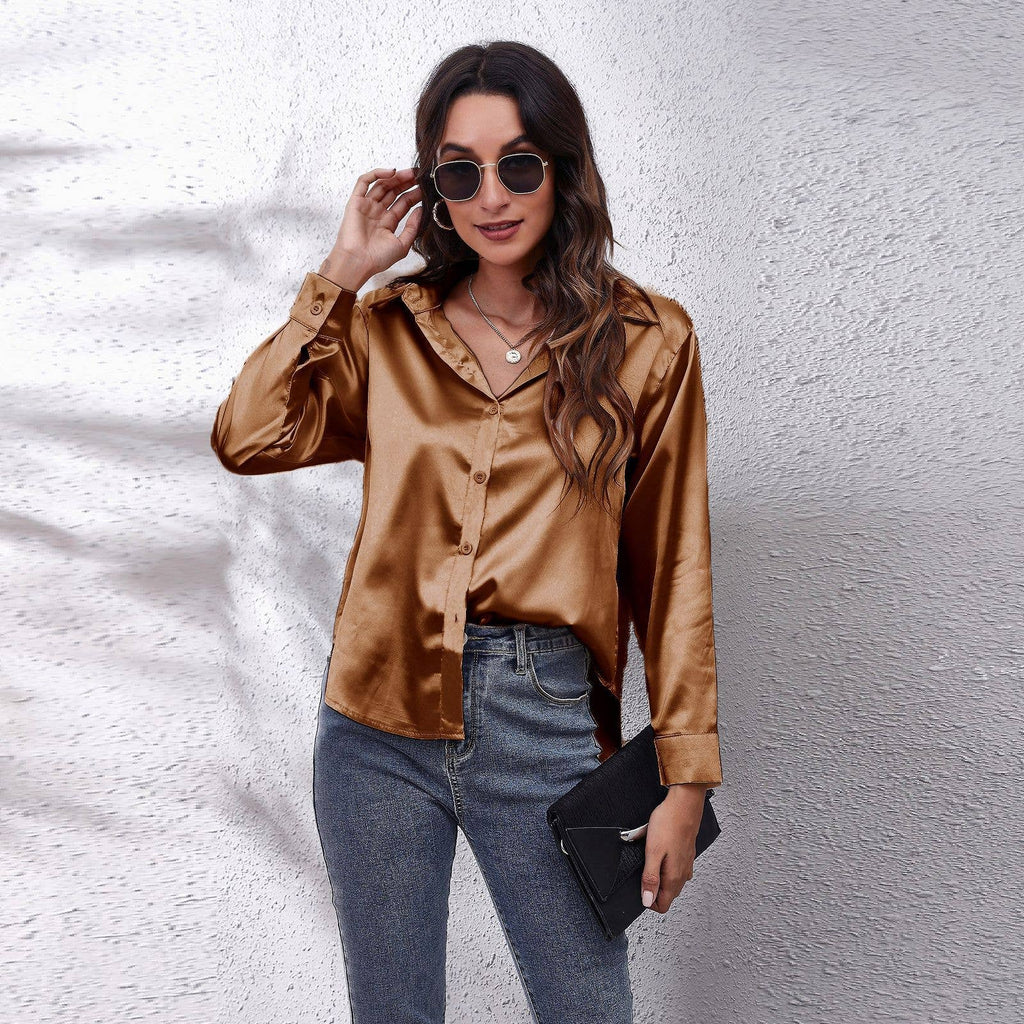 Satin silk long-sleeved shirt: DARKKHAKI / (XXL) 1