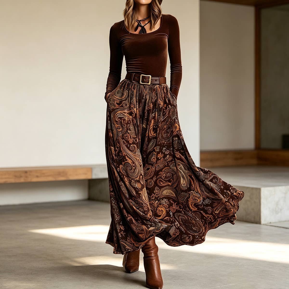 Vintage Print Long Skirt Set With Belt_LC26080145: Caramel / (S) 1