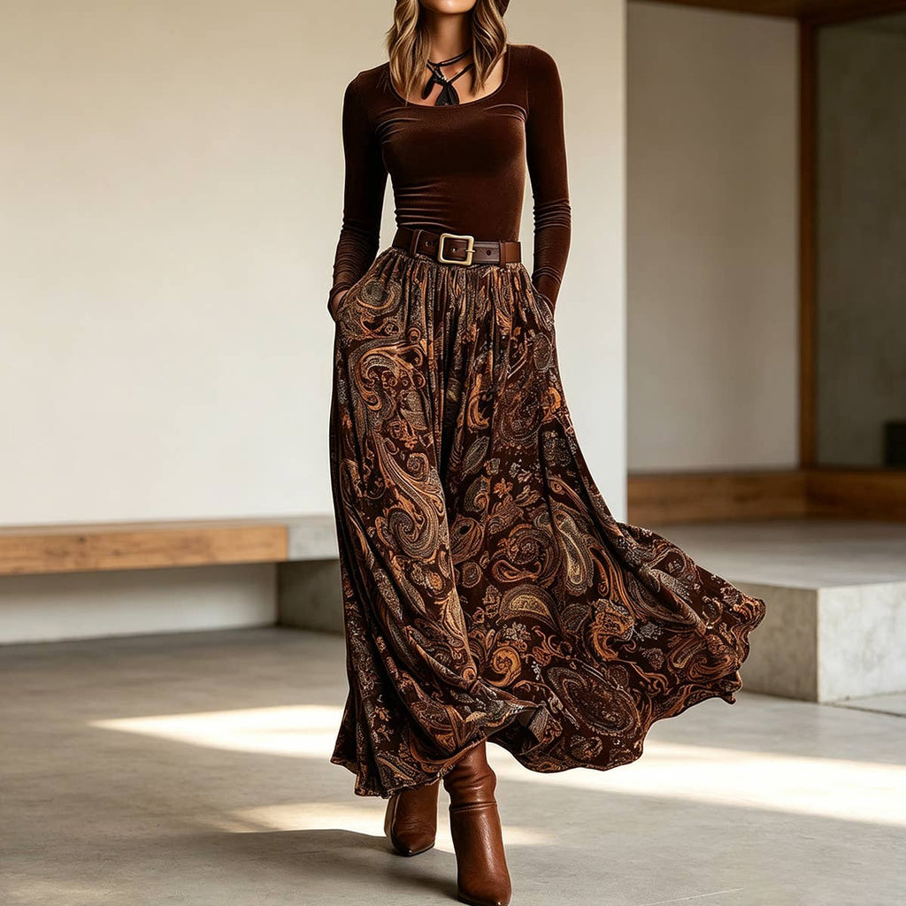 Vintage Print Long Skirt Set With Belt_LC26080145: Caramel / (XL) 1