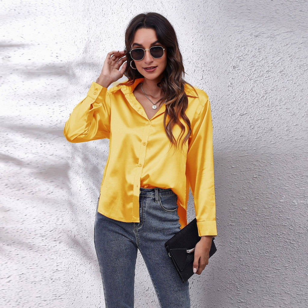 Satin silk long-sleeved shirt: DARKKHAKI / (XXL) 1