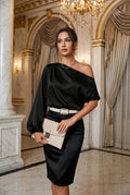 Slanted neck loose-fitting off-the-shoulder top: BLACK / (S) 1