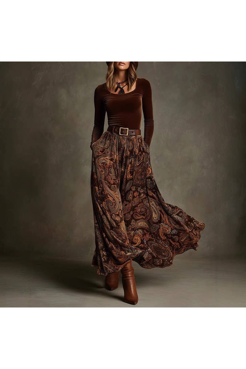 Vintage Print Long Skirt Set With Belt_LC26080145: Caramel / (S) 1
