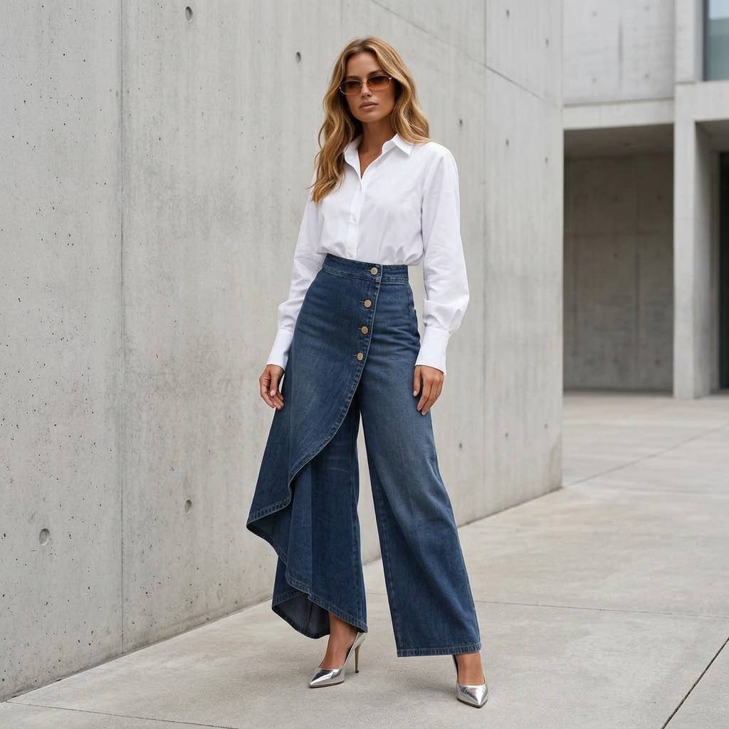 High Rise Denim Skirt - Asymmetrical Button Front