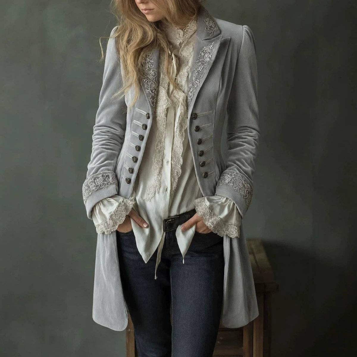 Women's Embroidered Velvet Blazer Vintage Jacket: Blue / XL