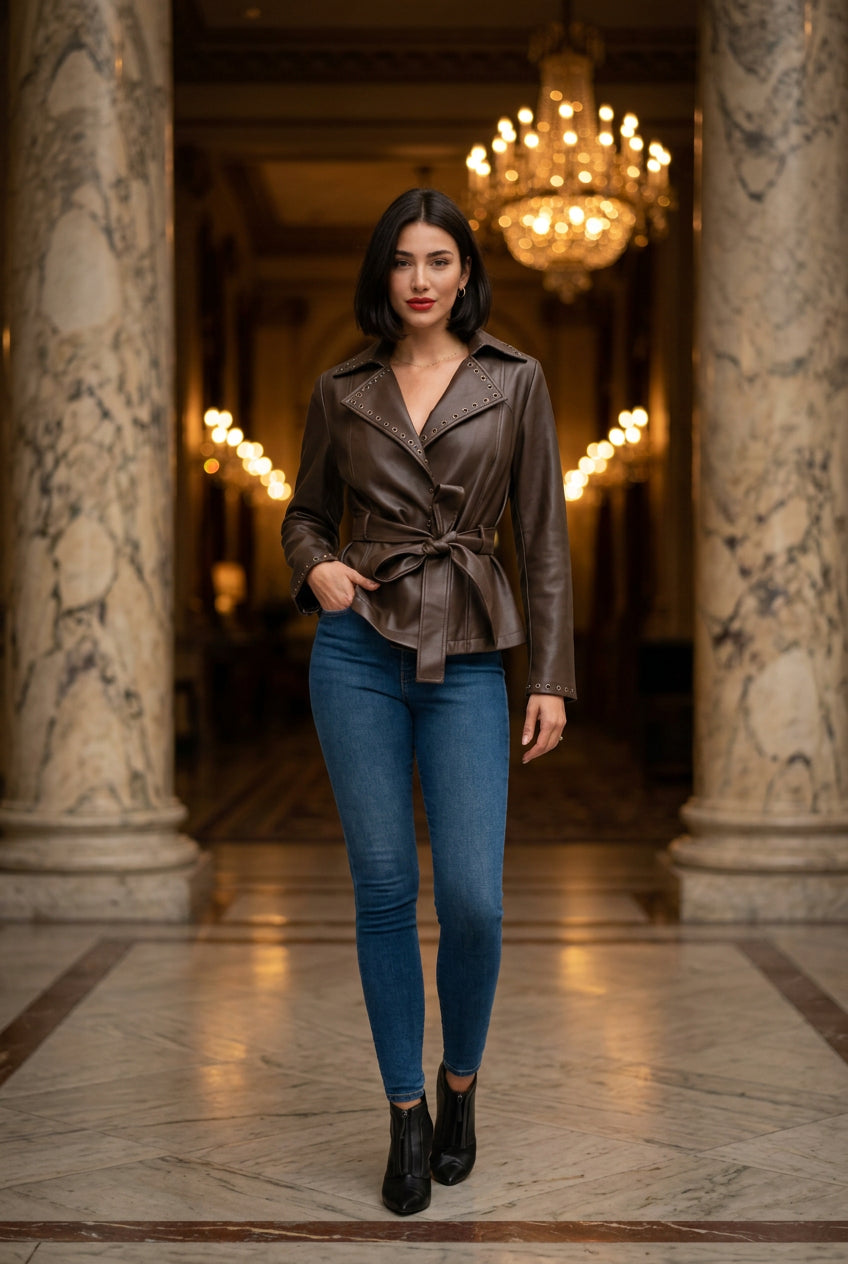 LJ0170: Leather Wrap Jacket: Coffee / M