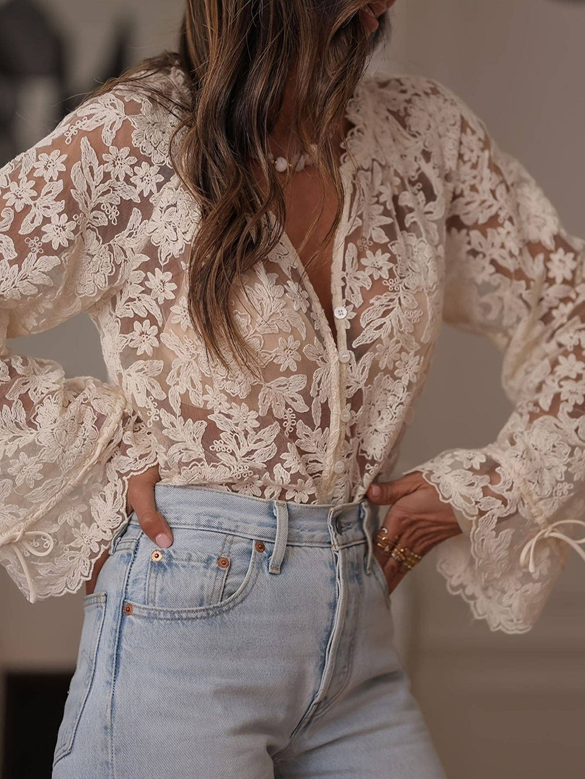 Women's Off White Round Neck Sheer Lace Blouse