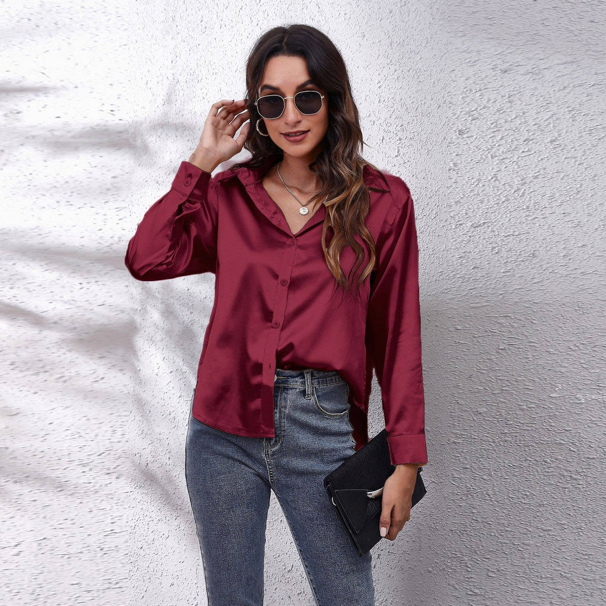 Satin silk long-sleeved shirt: DARKKHAKI / (XXL) 1