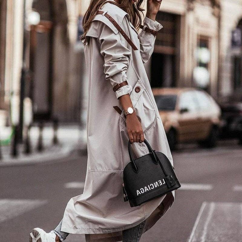 Solid Color Casual Large Lapel Mid-Length Trench Coat: LIGHT GRAY / XL