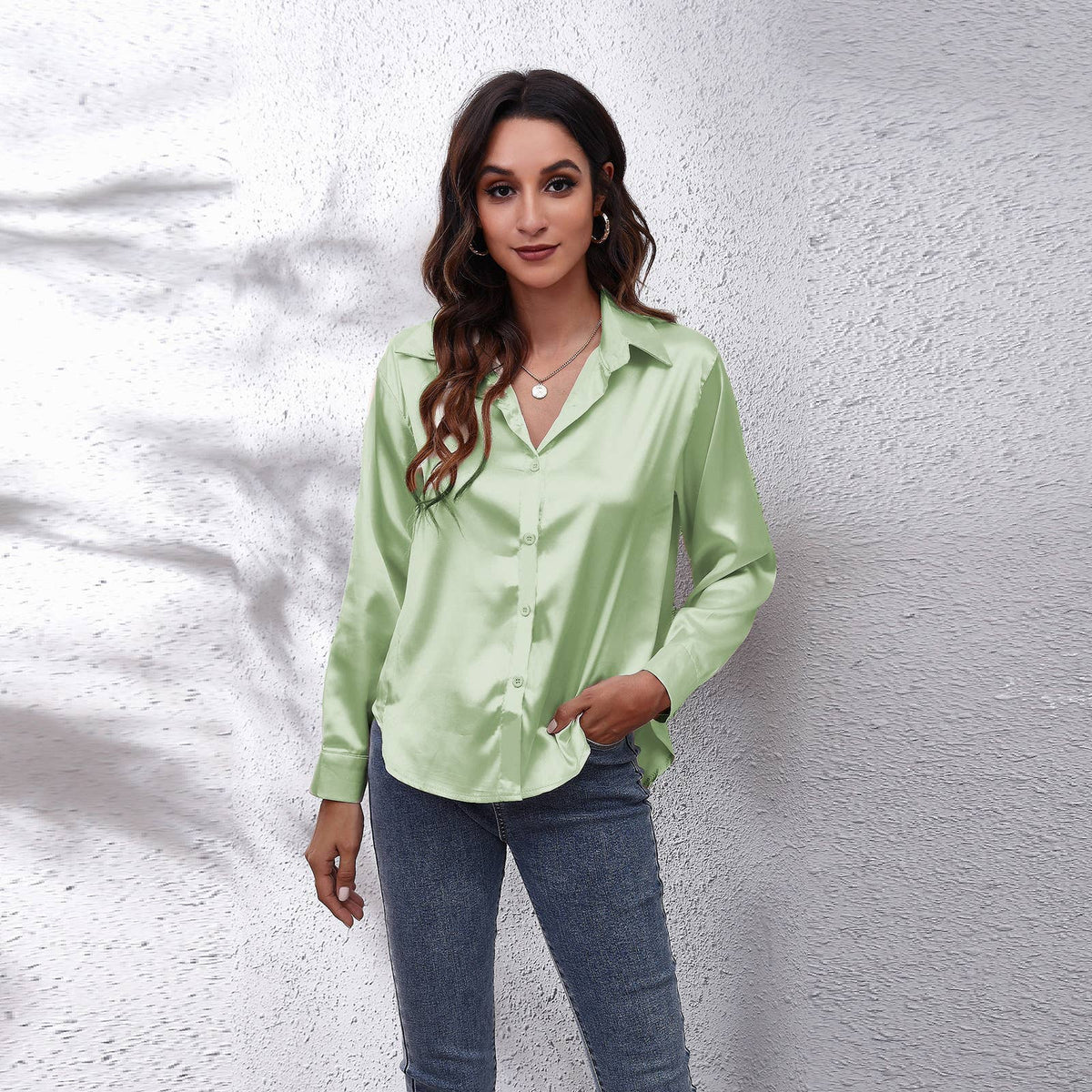Satin silk long-sleeved shirt: DARKKHAKI / (XXL) 1