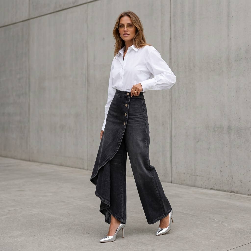 High Rise Denim Skirt - Asymmetrical Button Front