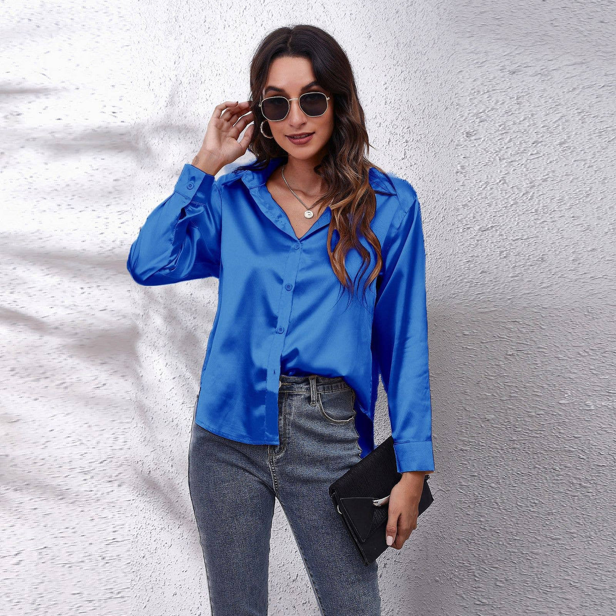 Satin silk long-sleeved shirt: DARKKHAKI / (L) 1