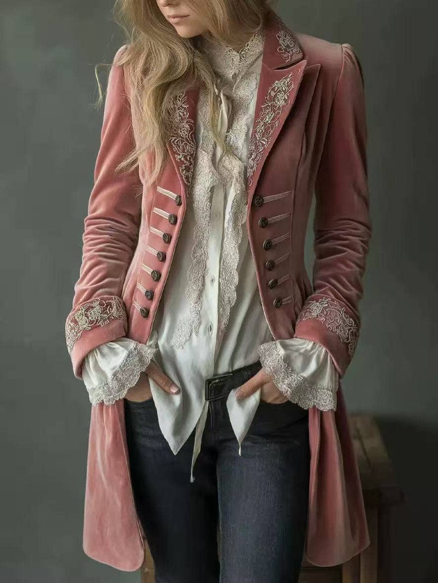 Women's Embroidered Velvet Blazer Vintage Jacket: Blue / XL