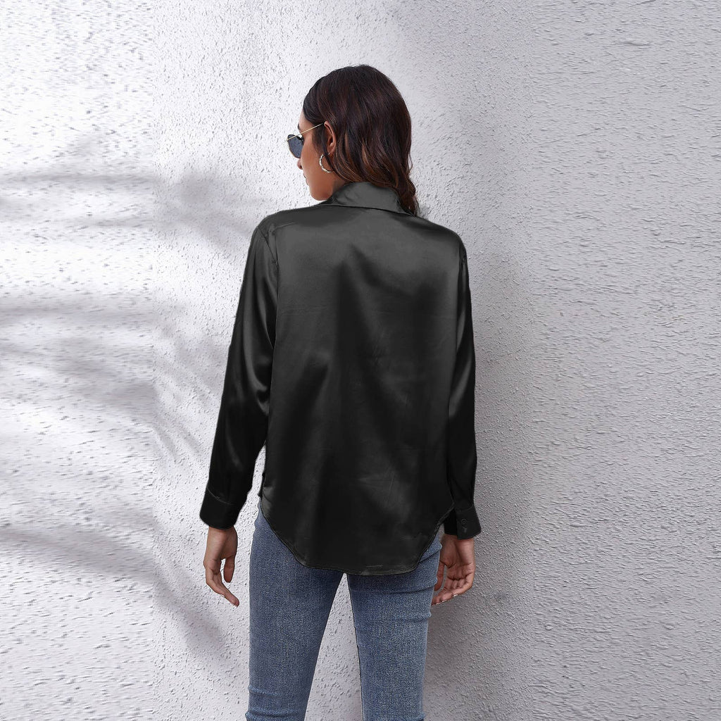 Satin silk long-sleeved shirt: DARKKHAKI / (L) 1