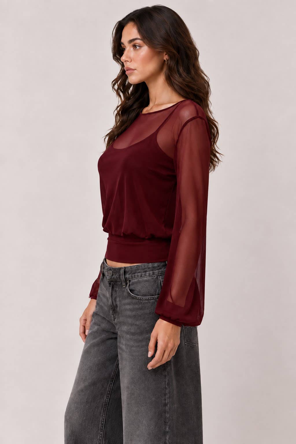 LT58070L - SHEERK Y2K BELL SLEEVE TOP WIITH CAMI TANK: DARK MERLOT / S-M-L/2-2-2