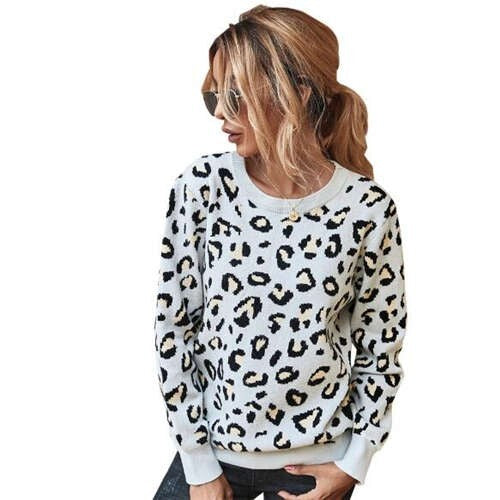 Unique Style Leopard Prints Long Sleeves Autumn and Winter Fashion Women Top - White